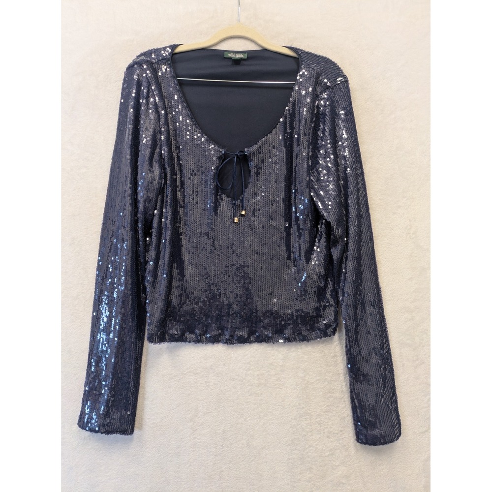 Wild Fable Women's Size L Blouse Navy Sequin Long Sleeve Tie Neck